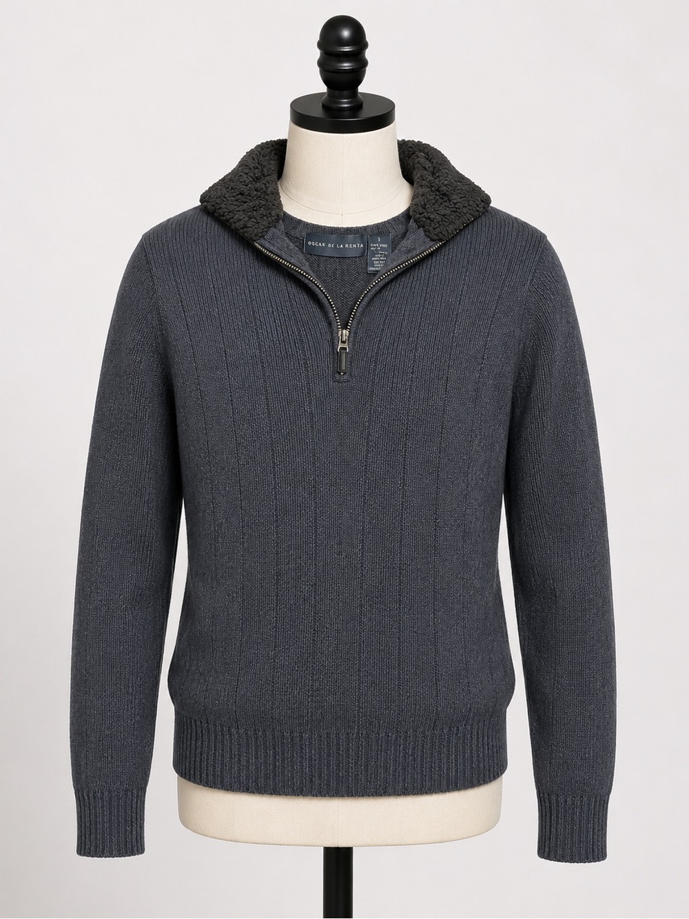 Oscar de la Renta Gray Quarter Zip Knit Sweater Sherpa Collar Men’s S